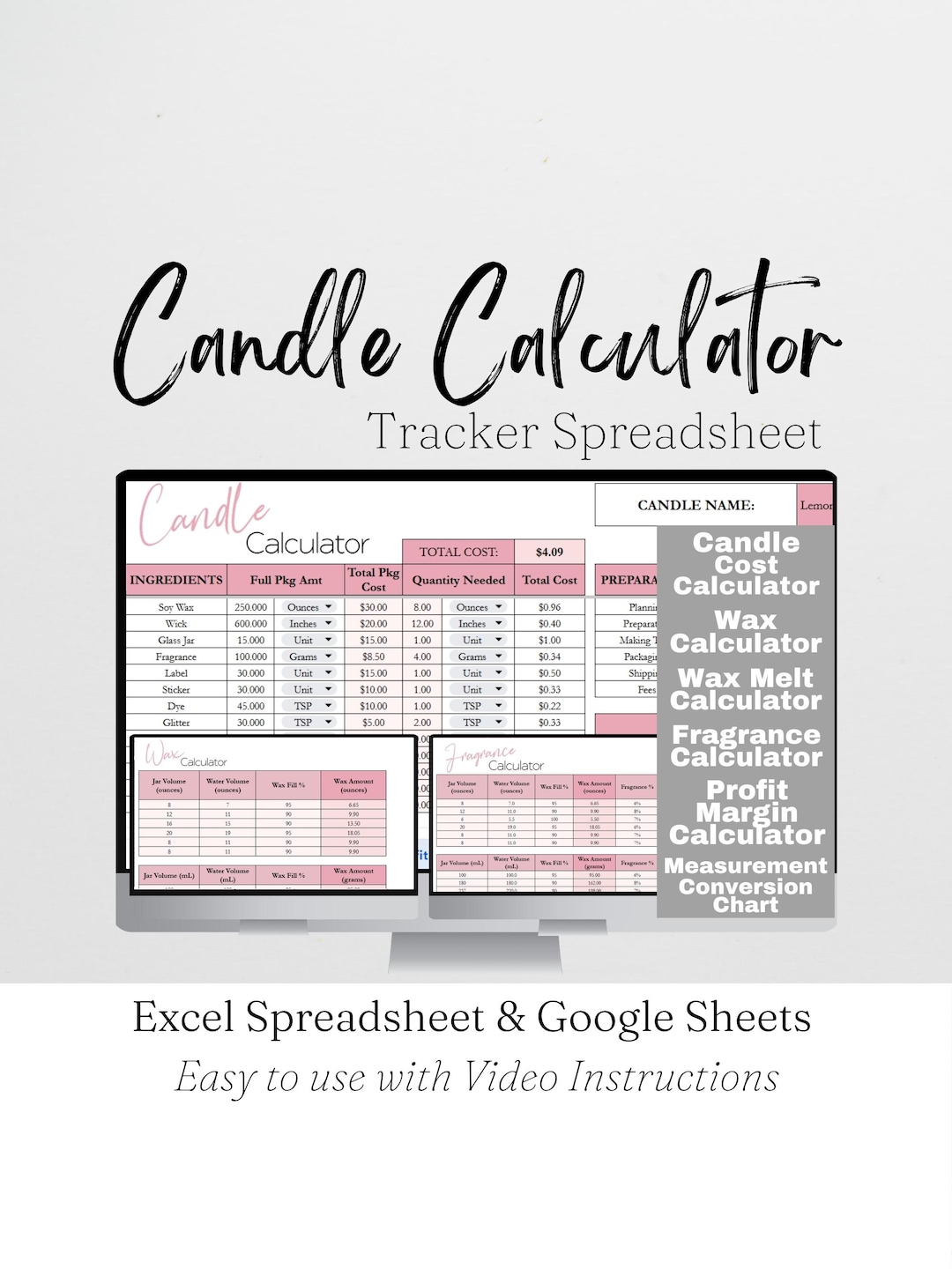 Buy Candle Calculator Spreadsheet Template Google Sheets, Fragrance ...