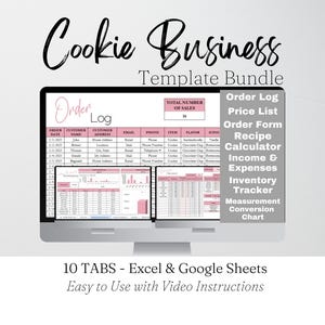 Paquete de plantillas para negocios de galletas en Google Sheets, Planificador de negocios de galletas en Excel, Plantilla de costos para recetas de repostería, Planificador de panadería