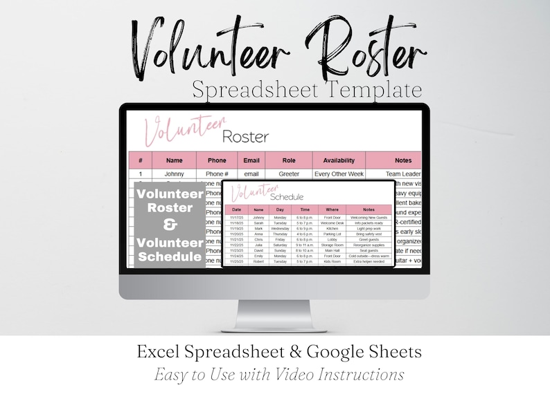 Church Roster Spreadsheet Volunteer Roster, Volunteer Schedule, Editable Scheduling Template ...