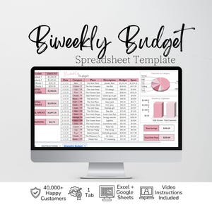 May include: A computer monitor displaying a Biweekly Budget Spreadsheet Template with pink and white color schemes. The screen shows tables for income, expenses, and categories, alongside a pie chart and bar graph for financial tracking data.