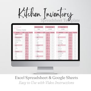 Plantilla de inventario de cocina, lista de inventario de despensa en hoja de cálculo, suministros de cocina congelados, lista de verificación de alimentos y especias en el refrigerador (hoja de cálculo de Google).