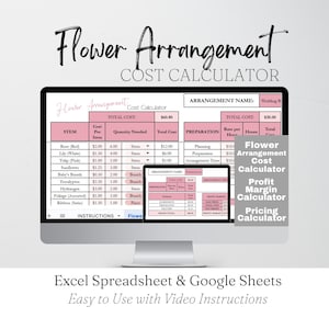 Calculadora de costos de arreglos florales, calculadora de precios de ramos de boda DIY, plantillas florales, planificador floral, calculadora de ganancias de flores