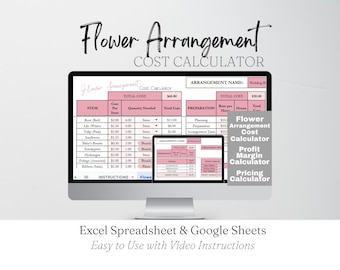 Flower Arrangement Cost Calculator, DIY Wedding Floral Bouquet Pricing Calculator, Floral Templates Flower Planner Flowers Profit Calculator
