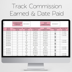 May include: A computer monitor shows a spreadsheet titled "Track Commission Earned & Date Paid." The data includes sold price, commission rate, referral fees, commission earned, net commission, and payment date.
