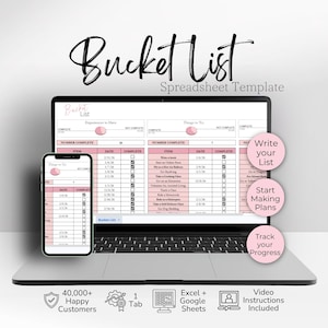May include: A digital bucket list spreadsheet template displayed on a laptop and smartphone screen. The interface features pink and white tables for tracking items, dates, and completion status, with text labels including Write your List, Start Making Plans, and Track your Progress.