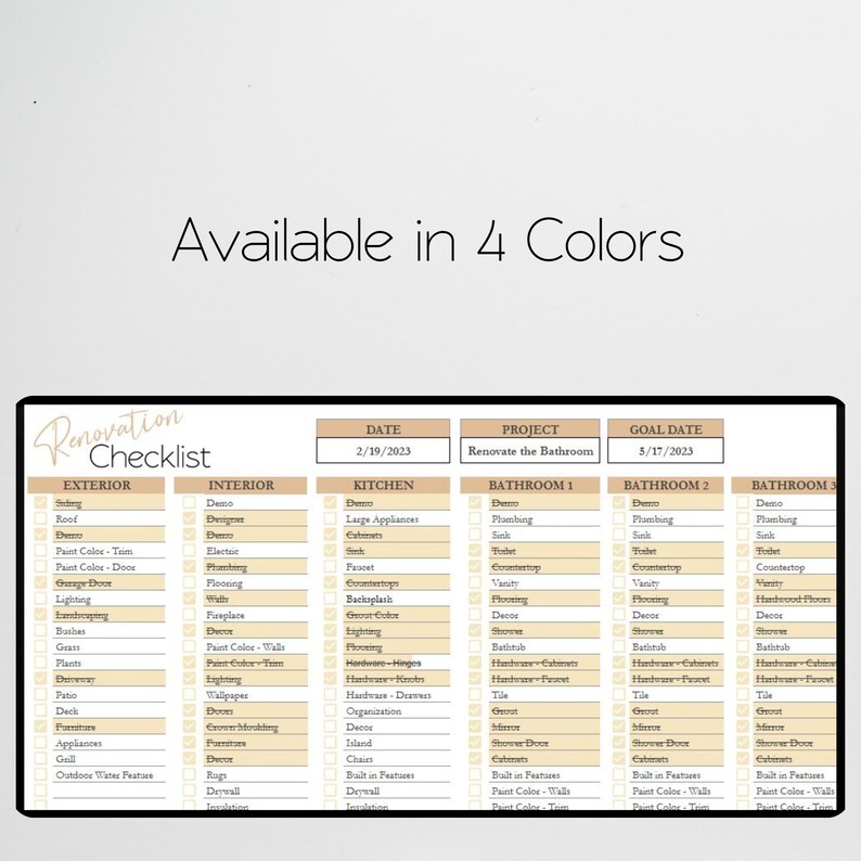 Home Renovation Spreadsheet, Home Remodel Checklist, Kitchen Renovation ...