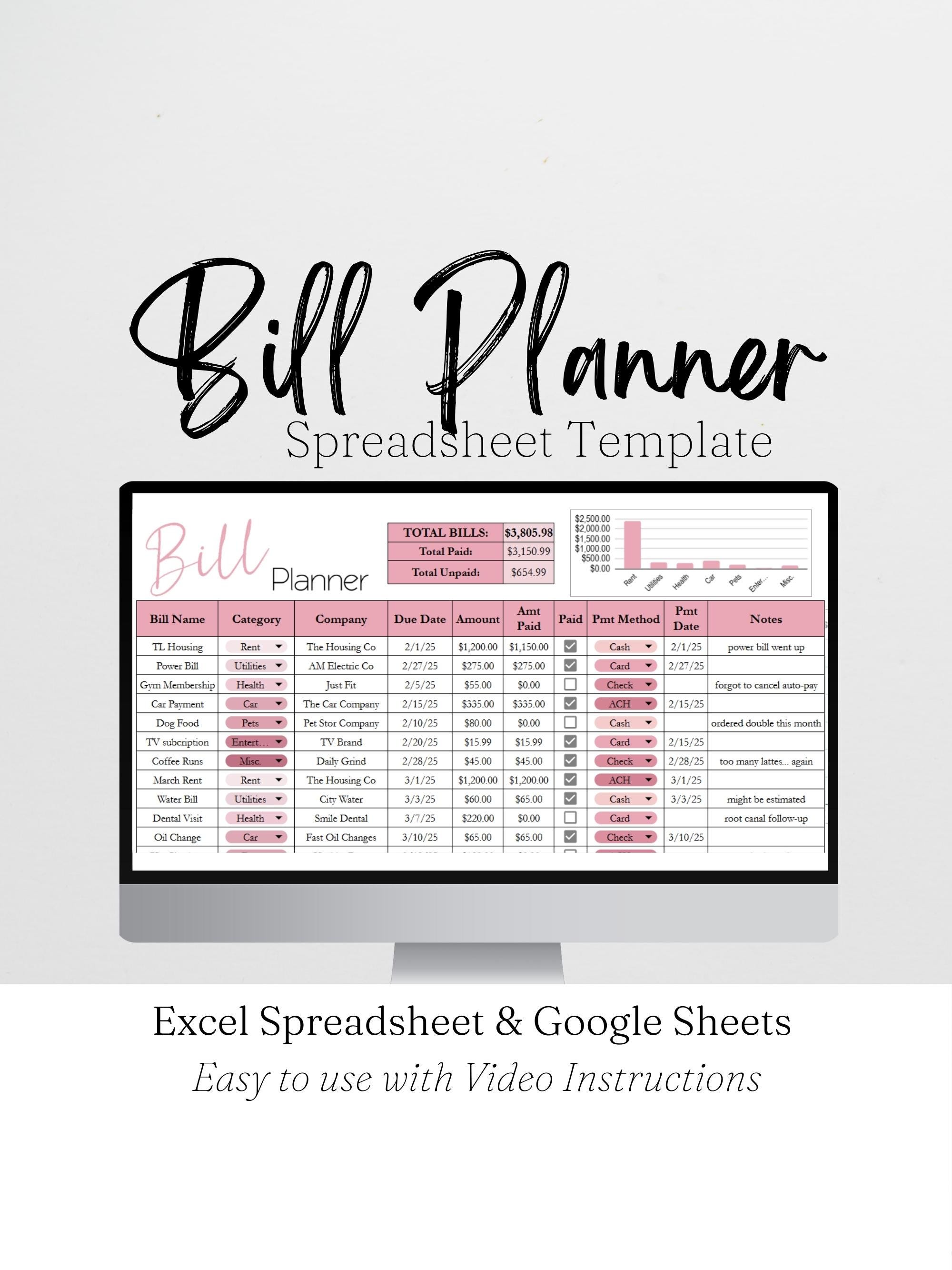 Bill Planner, Monthly Bill Tracker, Bill Spreadsheet, Financial Tracker, Finances, Monthly Bills Management, Finance Planner, Bill Organizer