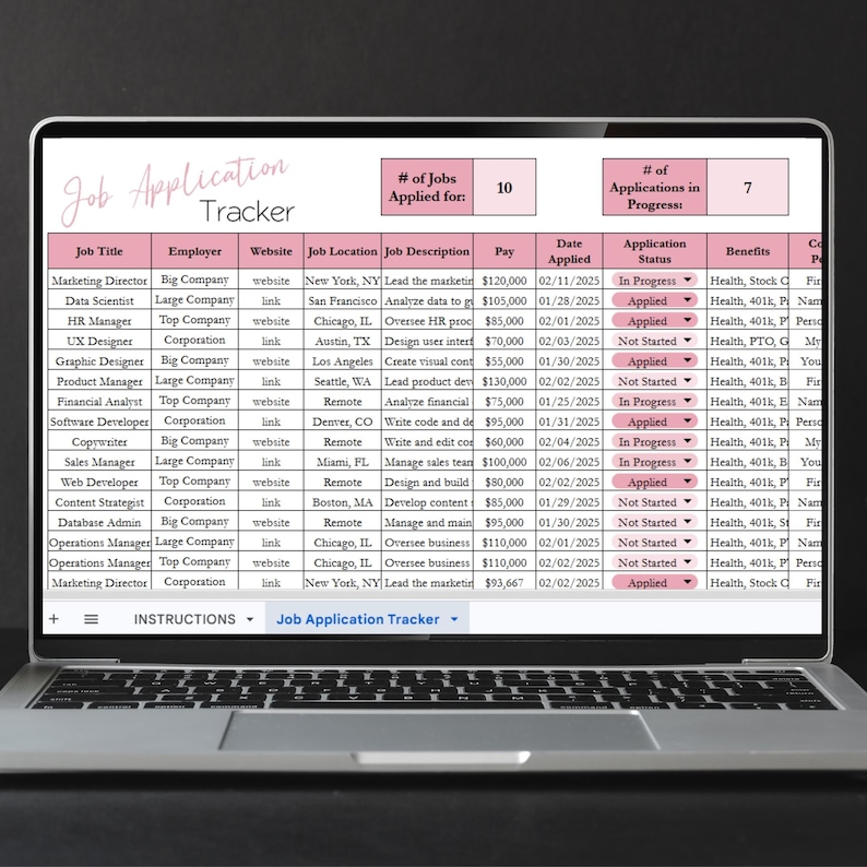 May include: A laptop screen displays a job application tracker spreadsheet. The spreadsheet includes columns for job title, employer, job location, description, pay, and application status. The tracker shows 10 jobs applied for and 7 in progress.