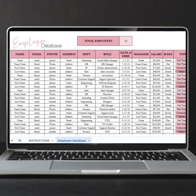 Pode incluir: Um laptop exibe um banco de dados de funcion&aacute;rios. As colunas incluem nome, e-mail, telefone, departamento e sal&aacute;rio. O banco de dados lista 21 funcion&aacute;rios, com detalhes como fun&ccedil;&otilde;es e datas de contrata&ccedil;&atilde;o.