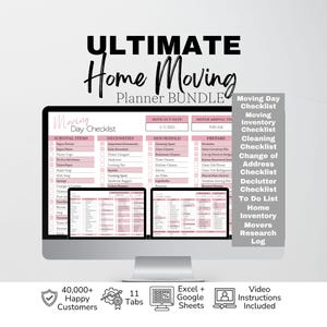 May include: A digital home moving planner bundle displayed on a computer monitor, featuring a pink and white Moving Day Checklist with columns for survival items, necessities, and household tasks, alongside a list of included checklists and logs.