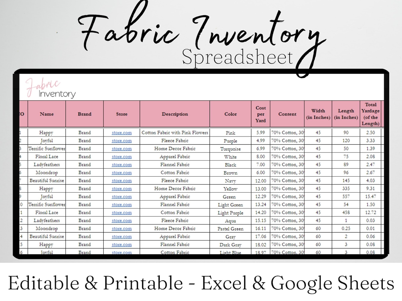 Fabric Inventory Tracker Excel Spreadsheet Sewing Organizer Etsy