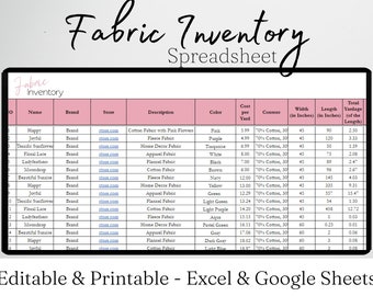 Fabric Inventory Tracker Excel Spreadsheet, Sewing Organizer, Fabric Stash, Sewing Planner, Sewing Planner, Fashion Template Google Sheets