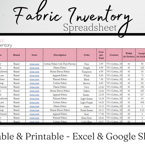Hoja de cálculo de Excel del rastreador de inventario de telas, organizador de costura, alijo de telas, planificador de costura, planificador de costura, plantilla de moda Google Sheets