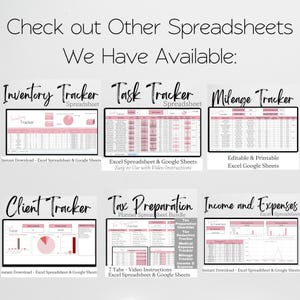 May include: A digital collection of spreadsheet templates featuring an Inventory Tracker, Task Tracker, Mileage Tracker, Client Tracker, Tax Preparation Planner, and Income and Expenses tracker, all displayed with pink accents and white backgrounds.