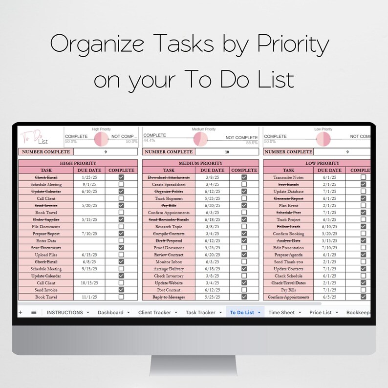 May include: A digital to-do list displayed on a computer screen. The list is organized by priority: High, Medium, and Low. Each task has a due date and a checkbox for completion. The title reads: "Organize Tasks by Priority on your To Do List."