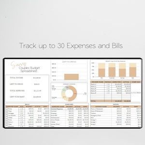 K&ouml;nnte beinhalten: Eine beige und braune Haushaltsbudget-Tabelle mit dem Titel "Savvy Couples Budget Spreadsheet". Die Tabelle enth&auml;lt Abschnitte f&uuml;r Einkommen, Ausgaben, Ersparnisse und ein Diagramm f&uuml;r Budget vs. Ist. Die Tabelle ist f&uuml;r die Verfolgung von bis zu 30 Ausgaben und Rechnungen konzipiert.
