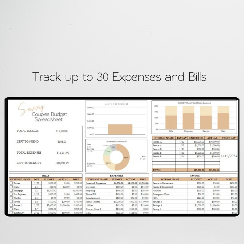 K&ouml;nnte beinhalten: Eine beige und braune Haushaltsbudget-Tabelle mit dem Titel "Savvy Couples Budget Spreadsheet". Die Tabelle enth&auml;lt Abschnitte f&uuml;r Einkommen, Ausgaben, Ersparnisse und ein Diagramm f&uuml;r Budget vs. Ist. Die Tabelle ist f&uuml;r die Verfolgung von bis zu 30 Ausgaben und Rechnungen konzipiert.