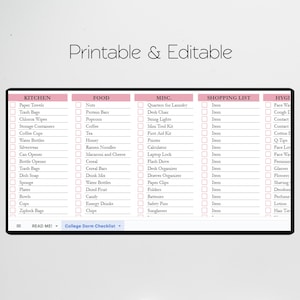 May include: A printable checklist for college dorm essentials, organized into categories: Kitchen, Food, Misc., Shopping List, and Hygiene. Each category has a list of items to pack, with checkboxes next to each item.