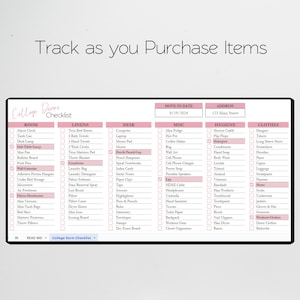 May include: A printable checklist for college dorm room essentials. The checklist is divided into sections for room, linens, desk, misc, hygiene, and clothes. The checklist includes items such as alarm clock, trash can, desk lamp, twin bed sheets, bath towels, computer, laptop, mouse pad, mini fridge, hot pot, shower caddy, shampoo, conditioner, hangers, t-shirts, long sleeve shirts, sweatshirts, hoodies, pants, and more.