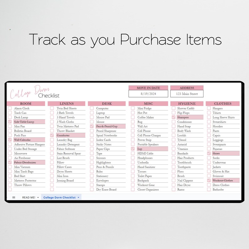May include: A printable checklist for college dorm room essentials. The checklist is divided into sections for room, linens, desk, misc, hygiene, and clothes. The checklist includes items such as alarm clock, trash can, desk lamp, twin bed sheets, bath towels, computer, laptop, mouse pad, mini fridge, hot pot, shower caddy, shampoo, conditioner, hangers, t-shirts, long sleeve shirts, sweatshirts, hoodies, pants, and more.
