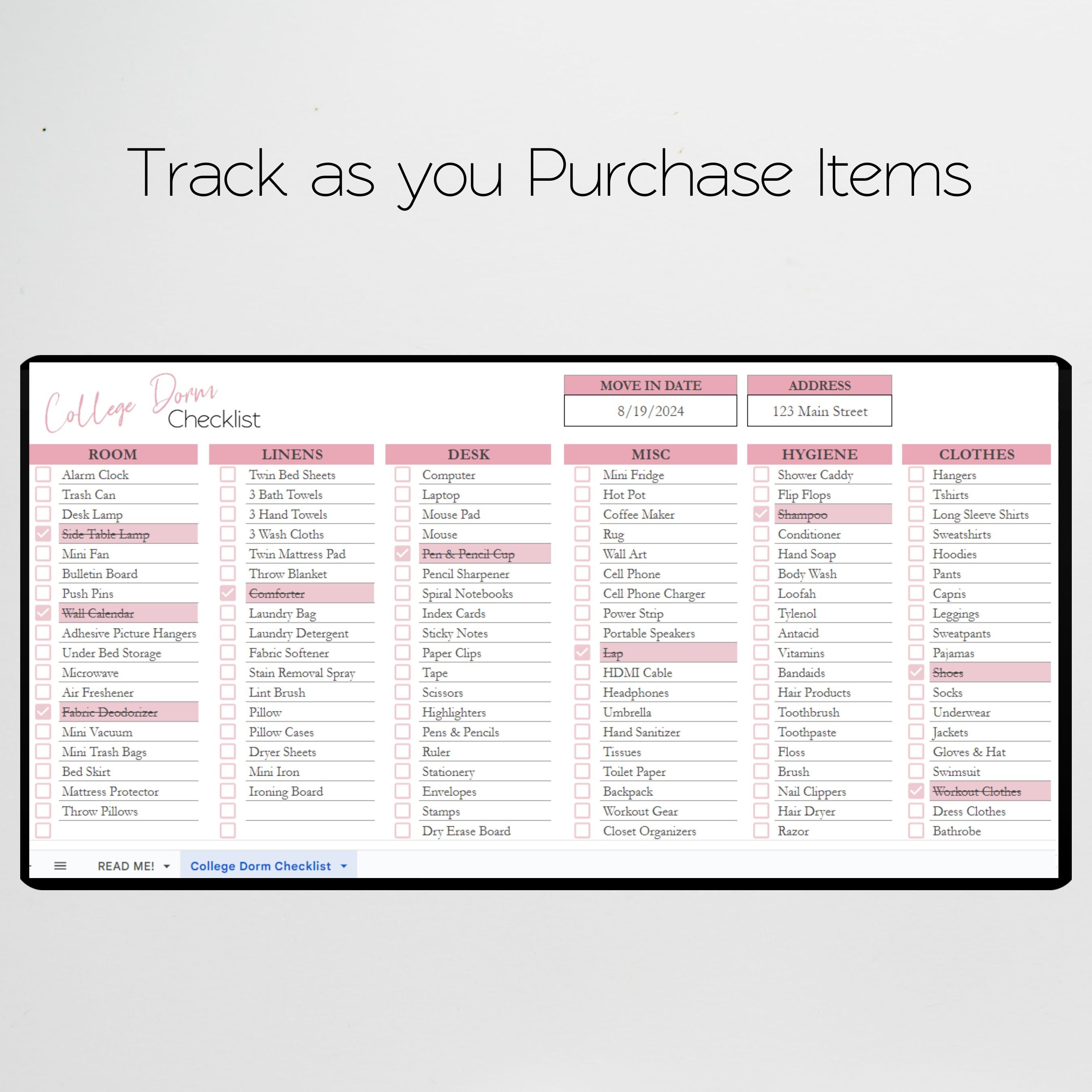 College Dorm Room Essentials Checklist Template Google Sheets, Dorm ...
