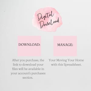 May include: A digital download informational graphic featuring a pink watercolor splash with the text Digital Download. Below are two pink squares labeled DOWNLOAD and MANAGE, with instructions explaining how to access and use the spreadsheet file.