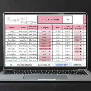 May include: A laptop screen displaying a fragrance inventory spreadsheet. The spreadsheet includes columns for name, brand, category, size, and purchase date. The total number of items is listed as 20.