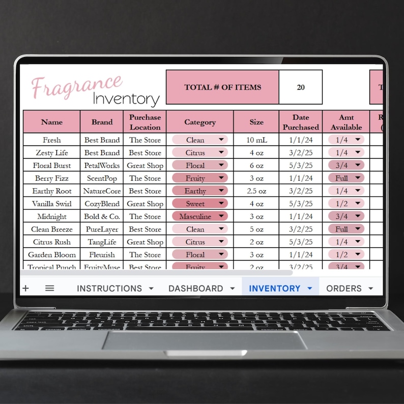 May include: A laptop screen displaying a fragrance inventory spreadsheet. The spreadsheet includes columns for name, brand, category, size, and purchase date. The total number of items is listed as 20.