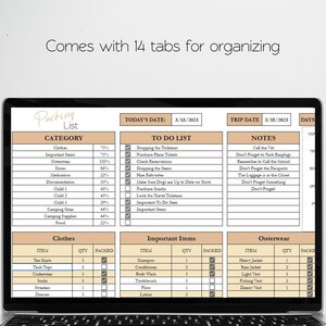 May include: A digital packing list template with a checklist for clothes, important items, and outerwear. The list includes categories for tee shirts, tank tops, underwear, socks, sweaters, dresses, shampoo, conditioner, body wash, toothbrush, floss, lotion, heavy jacket, rain jacket, light vest, fishing vest, and dressy vest. The list also includes a to-do list and notes section.