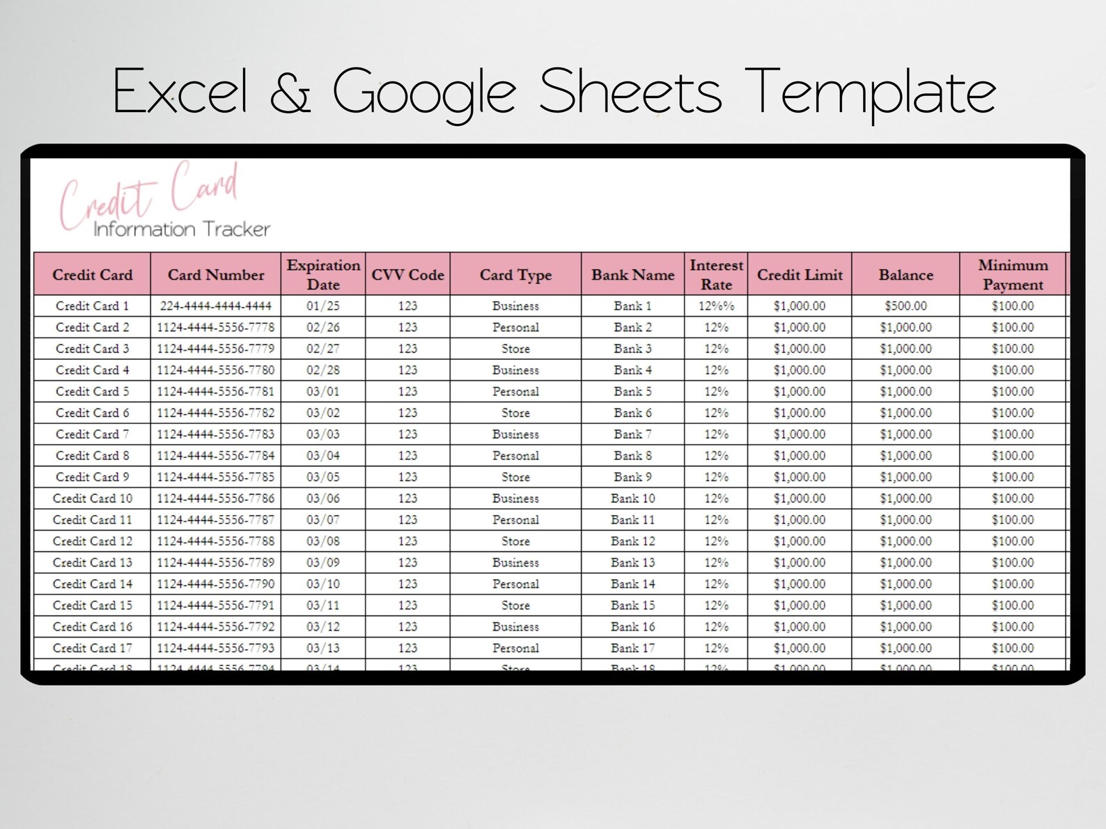 Credit Card Information Excel Spreadsheet, Credit Card Log Google ...