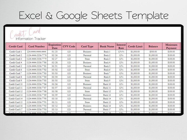 Credit Card Information Excel Spreadsheet Credit Card Log Etsy