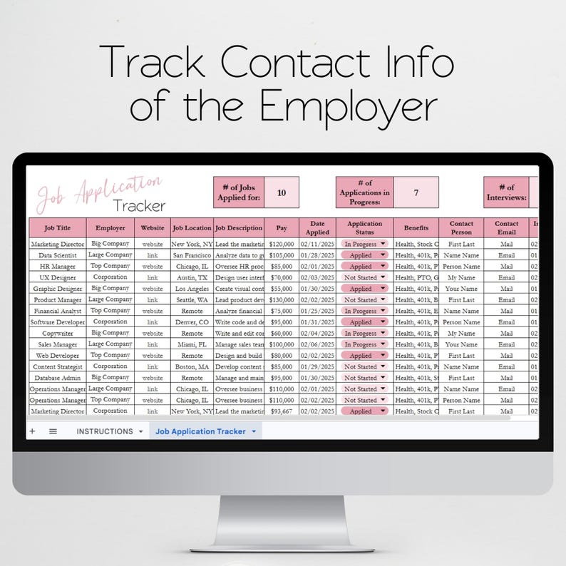 May include: A computer monitor displays a job application tracker spreadsheet. The spreadsheet includes columns for job title, employer, location, description, pay, and application status. The title "Track Contact Info of the Employer" is at the top.