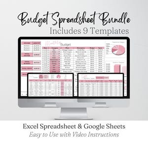 May include: A computer monitor displays a budget spreadsheet bundle with 9 templates. The screen shows a pink and white spreadsheet with financial data. Text at the top reads "Budget Spreadsheet Bundle Includes 9 Templates". Below, it says "Excel Spreadsheet & Google Sheets Easy to Use with Video Instructions".