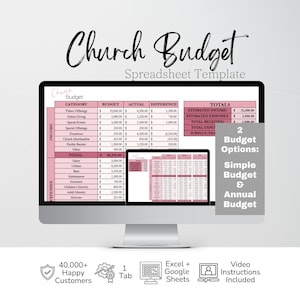 May include: A computer monitor displaying a Church Budget Spreadsheet Template with pink and white columns for income and expenses. A gray box states 2 Budget Options: Simple Budget & Annual Budget. Icons indicate 40,000+ Happy Customers, 1 Tab, Excel + Google Sheets, and Video Instructions Included.