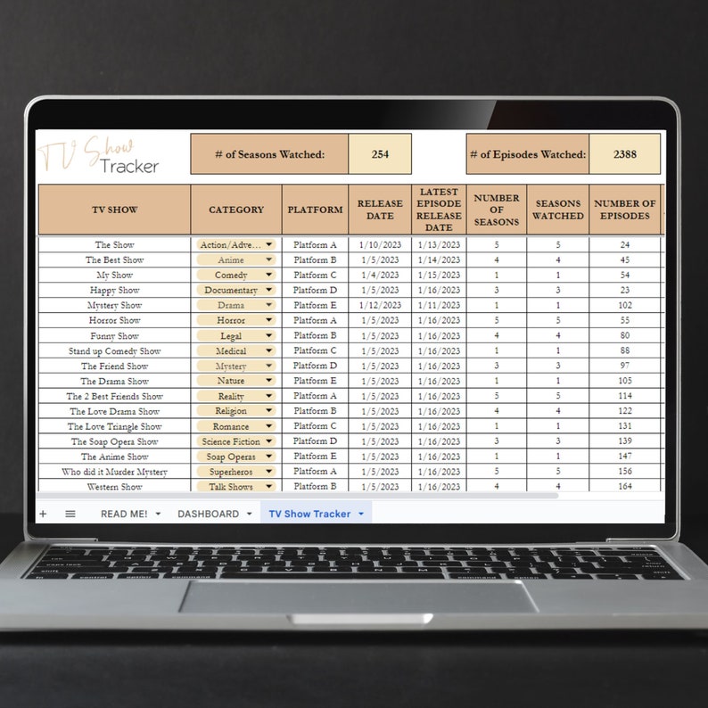 May include: A laptop screen displaying a TV show tracker with a list of TV shows, categories, platforms, release dates, and episode counts. The tracker shows 254 seasons watched and 2388 episodes watched.