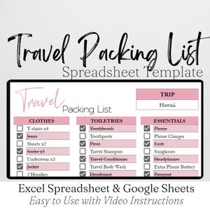 Travel Packing List Template Google Sheets, Travel Template, Checklist Planner, Travel Checklist Vacation Printable Checklist Editable Excel