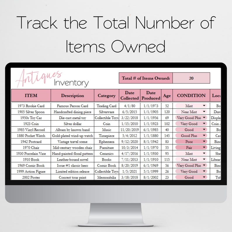 May include: A computer screen displays an "Antiques Inventory" spreadsheet. The pink-themed spreadsheet lists items like a rookie card, silver spoon, and vinyl record, with details on category, date collected, and condition.