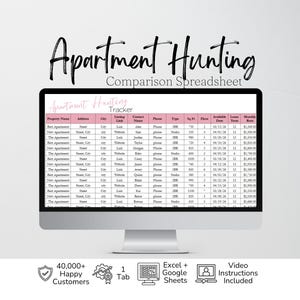 May include: A computer monitor displays an Apartment Hunting Comparison Spreadsheet with columns for property name, address, city, link, contact, phone, type, square footage, floor, date, lease term, and rent. Text reads Apartment Hunting Tracker.