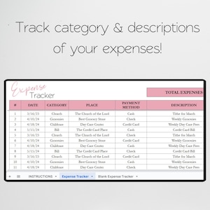 May include: A printable expense tracker table with columns for date, category, place, payment method, and description. The table is filled with example entries for tracking expenses.