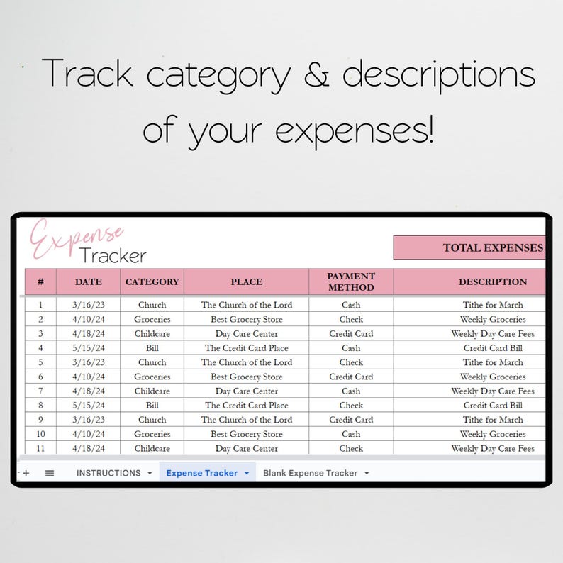 May include: A printable expense tracker table with columns for date, category, place, payment method, and description. The table is filled with example entries for tracking expenses.