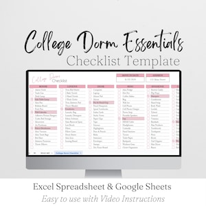 College Dorm Room Essentials Checklist Template Google Sheets, Dorm Checklist, Dorm Essentials Packing Checklist, College Supplies Apartment