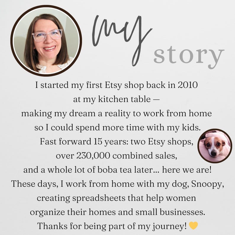 May include: A white informational graphic titled my story featuring a circular portrait of a person with glasses, a circular photo of a small dog, and text detailing a business journey from 2010 to present, including 230,000 sales and spreadsheet creation.