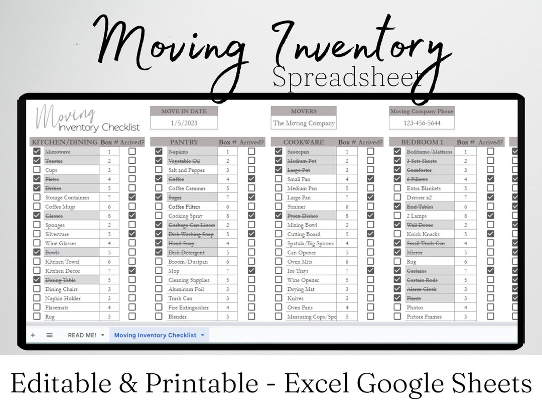 Home Moving Inventory Template Excel Spreadsheet, Home Moving Planner