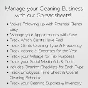 May include: White background with black text promoting spreadsheets for cleaning businesses. The text reads "Manage your Cleaning Business with our Spreadsheets!" and lists features like tracking clients, income, and supplies.