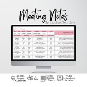 May include: A computer monitor displaying a Meeting Notes Spreadsheet Template with columns for date, time, length, purpose, agenda, next meeting, type, main points, attendees, follow-up tasks, assigned to, and a section for detailed meeting notes.