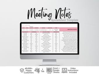 Meeting Notes Tracker, Meeting Minutes Template, Team Meeting Log, Meeting Spreadsheet, Office Notes, Note Taking Corporate Business Meeting