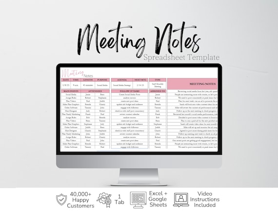 Meeting Notes Tracker, Meeting Minutes Template, Team Meeting Log, Meeting Spreadsheet, Office Notes, Note Taking Corporate Business Meeting