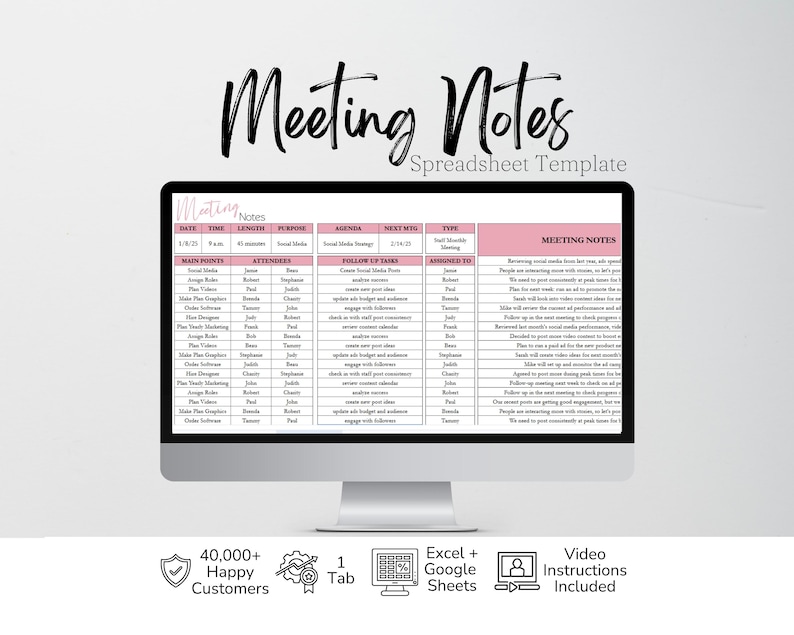 May include: A computer monitor displaying a Meeting Notes Spreadsheet Template with columns for date, time, length, purpose, agenda, next meeting, type, main points, attendees, follow-up tasks, assigned to, and a section for detailed meeting notes.