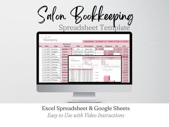 Salon Bookkeeping Template, Hair Salon Income and Expenses Tracker Log, Beauty Salon, Nail Salon Hair Salon Excel Spreadsheet Google Sheets