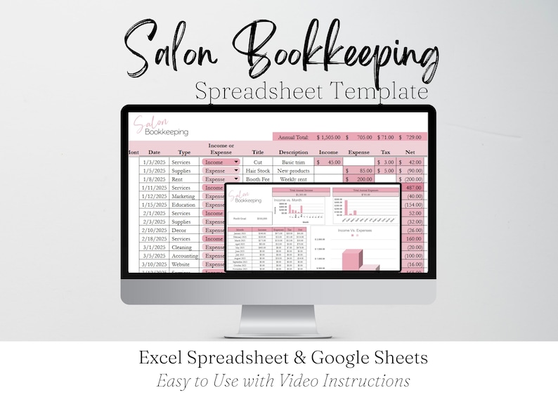 Salon Bookkeeping Template, Hair Salon Income and Expenses Tracker Log, Beauty Salon, Nail Salon Hair Salon Excel Spreadsheet Google Sheets image 1